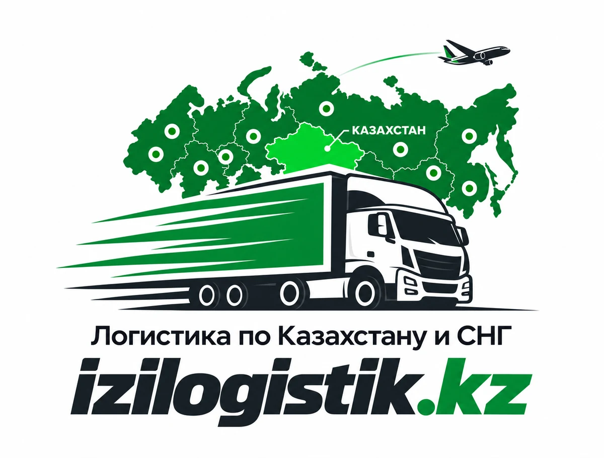 Логотип izilogistik.kz: Казахстан выделен на карте, рядом грузовик и самолёт; надпись «Логистика по Казахстану и СНГ»